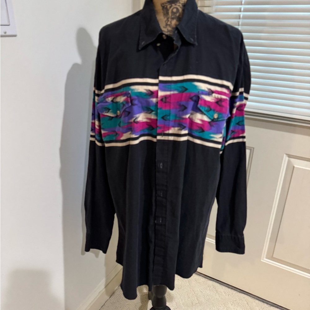 Roper Vintage Black button down Shirt with Colorful Pattern size XXL